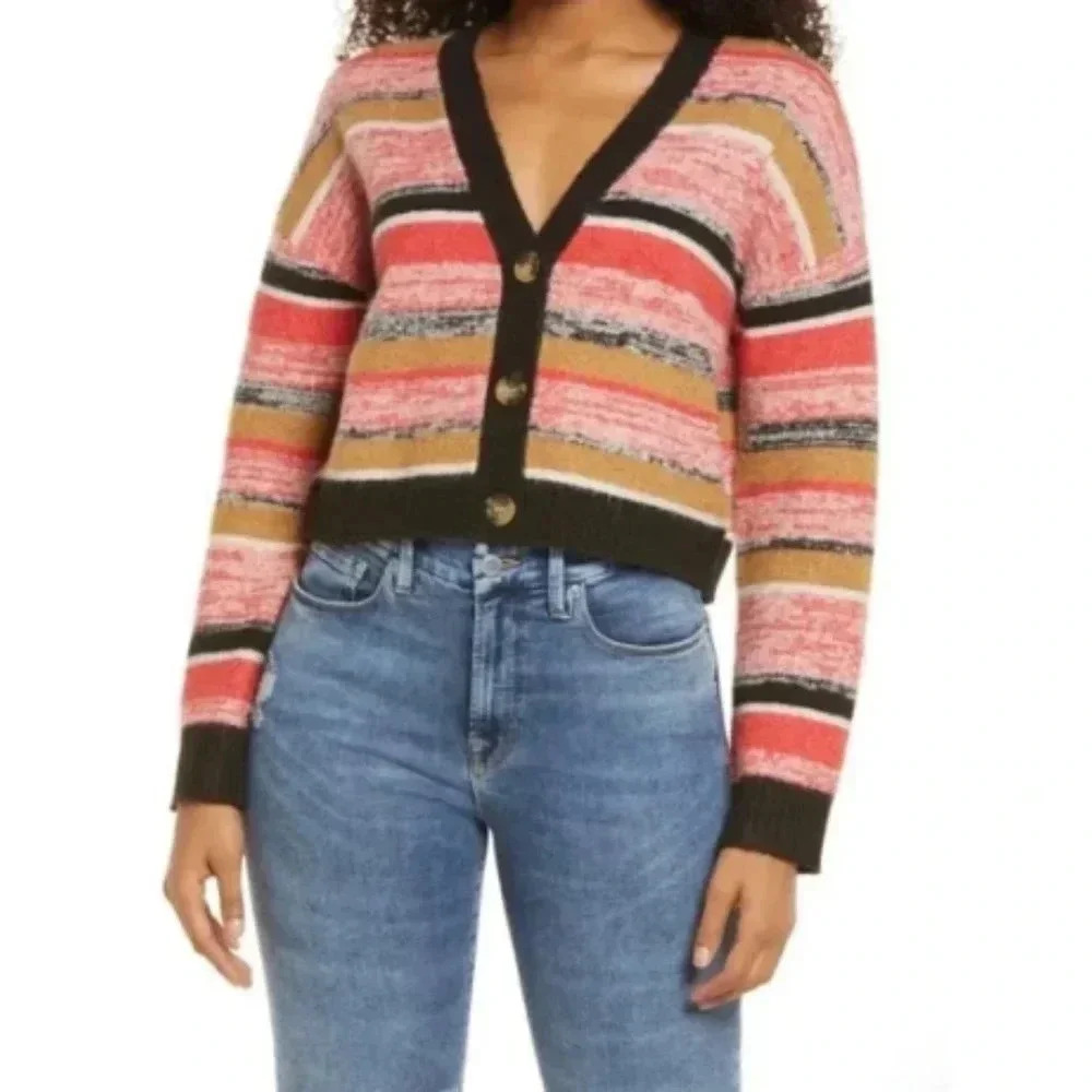 BP BLACK MARL STRIPE Button Down Red Black V-Neck Crop Cardigan Sweater XXS